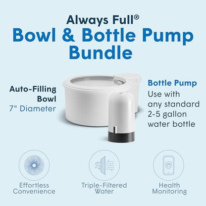 Always Full® 7" Pet Water Bowl and Bottle Pump Bundle, Self-Refilling, Clean Filtered Water