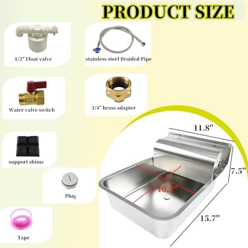 11L Automatic Dog Water Dispenser, 304 Stainless Steel with Water Valve Switcher and 3/4'' Brass Adapter, with Drain Hole for Dog, Cat, Alpaca, Chickens, Livestock