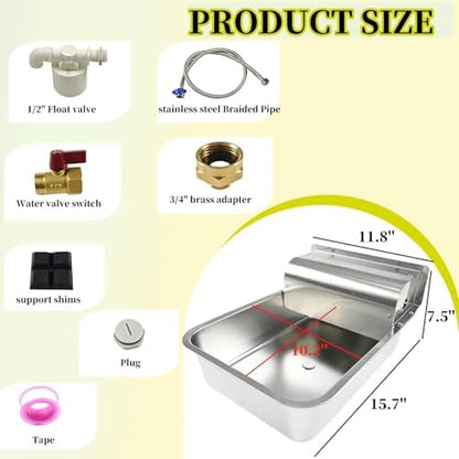 11L Automatic Dog Water Dispenser, 304 Stainless Steel with Water Valve Switcher and 3/4'' Brass Adapter, with Drain Hole for Dog, Cat, Alpaca, Chickens, Livestock