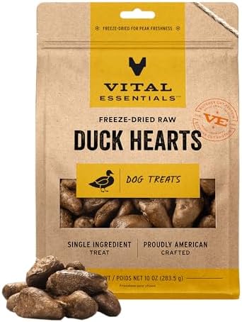 Vital Essentials Single Ingredient Duck Hearts Dog Treats, 10 oz | Freeze-Dried Raw | Premium Quality High Protein Training Treats | Grain Free, Gluten Free, Filler Free