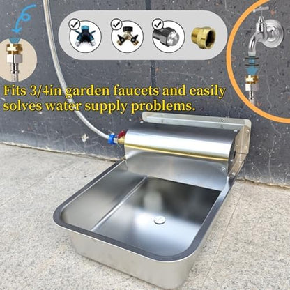 11L Automatic Dog Water Dispenser, 304 Stainless Steel with Water Valve Switcher and 3/4'' Brass Adapter, with Drain Hole for Dog, Cat, Alpaca, Chickens, Livestock
