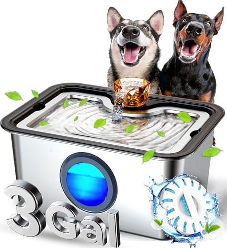 3Gal Dog Water Fountain SS304,Large Ultra-Purification Cat Drinking Dispenser with Visual Window,Widely Drinking Area