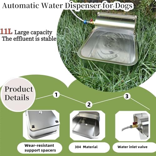 11L Automatic Dog Water Dispenser, 304 Stainless Steel with Water Valve Switcher and 3/4'' Brass Adapter, with Drain Hole for Dog, Cat, Alpaca, Chickens, Livestock