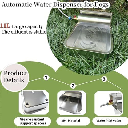 11L Automatic Dog Water Dispenser, 304 Stainless Steel with Water Valve Switcher and 3/4'' Brass Adapter, with Drain Hole for Dog, Cat, Alpaca, Chickens, Livestock