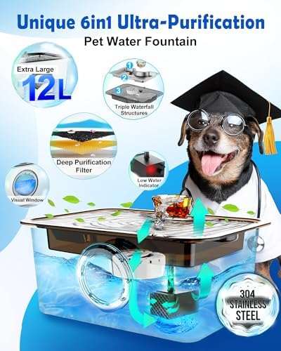 3Gal Dog Water Fountain SS304,Large Ultra-Purification Cat Drinking Dispenser with Visual Window,Widely Drinking Area